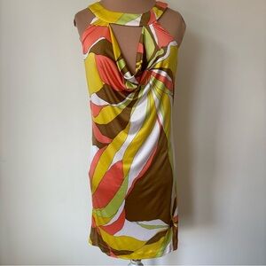 Trina Turk Multicolor Swirl Cowl Neckline Halter Mod Sleeveless Mini Dress EUC 0